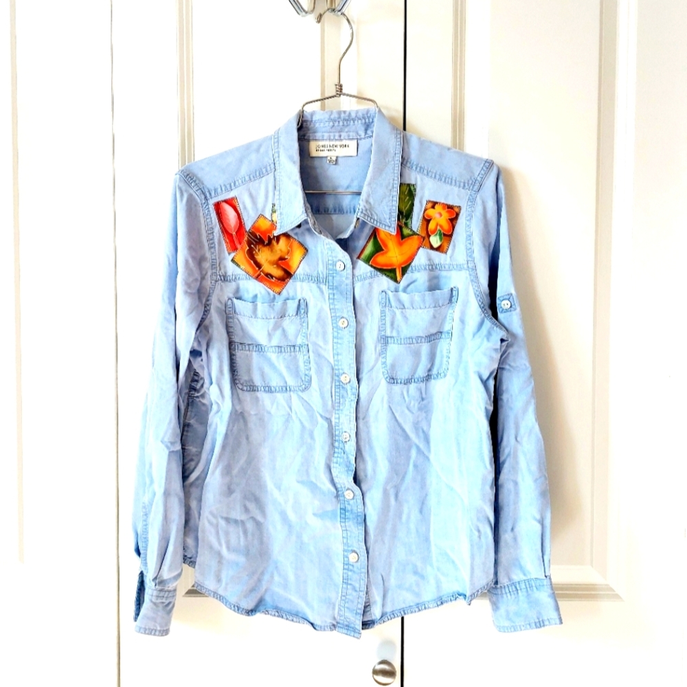 Autumn Leaf Patchwork Light Chambray Denim Shirt Petite‎ Large Jones New York